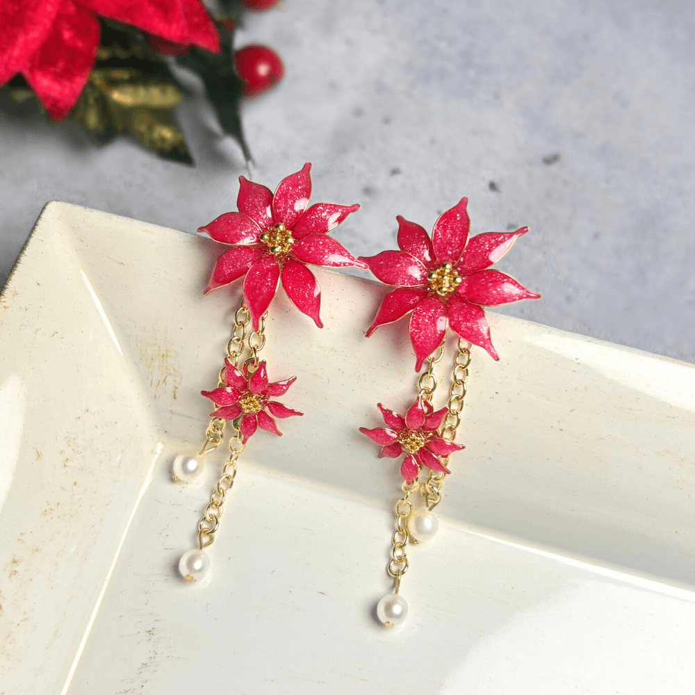 【ポインセチア】2wayピアス／レッド／クリスマス／サージカルステンレス／金属アレルギー対応／冬の新作／受注生産